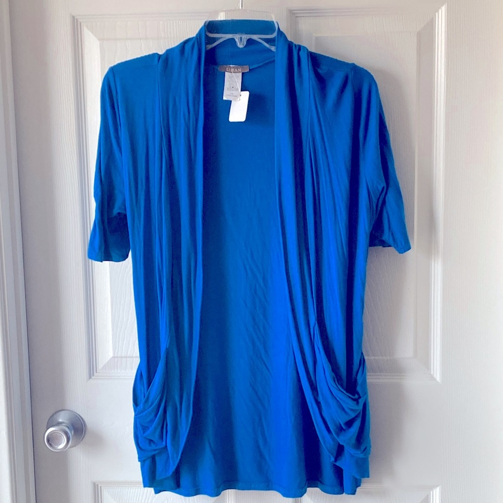Libian Blue Open Front Cardigan Short Sleeve with Pockets Size 1XL Blue
